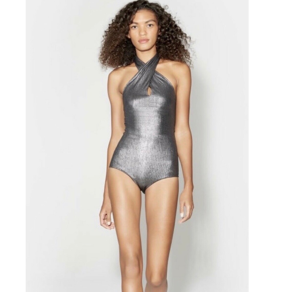Nwt $195 Halston Heritage Metallic Black Silver Halter Bodysuit Size Xs